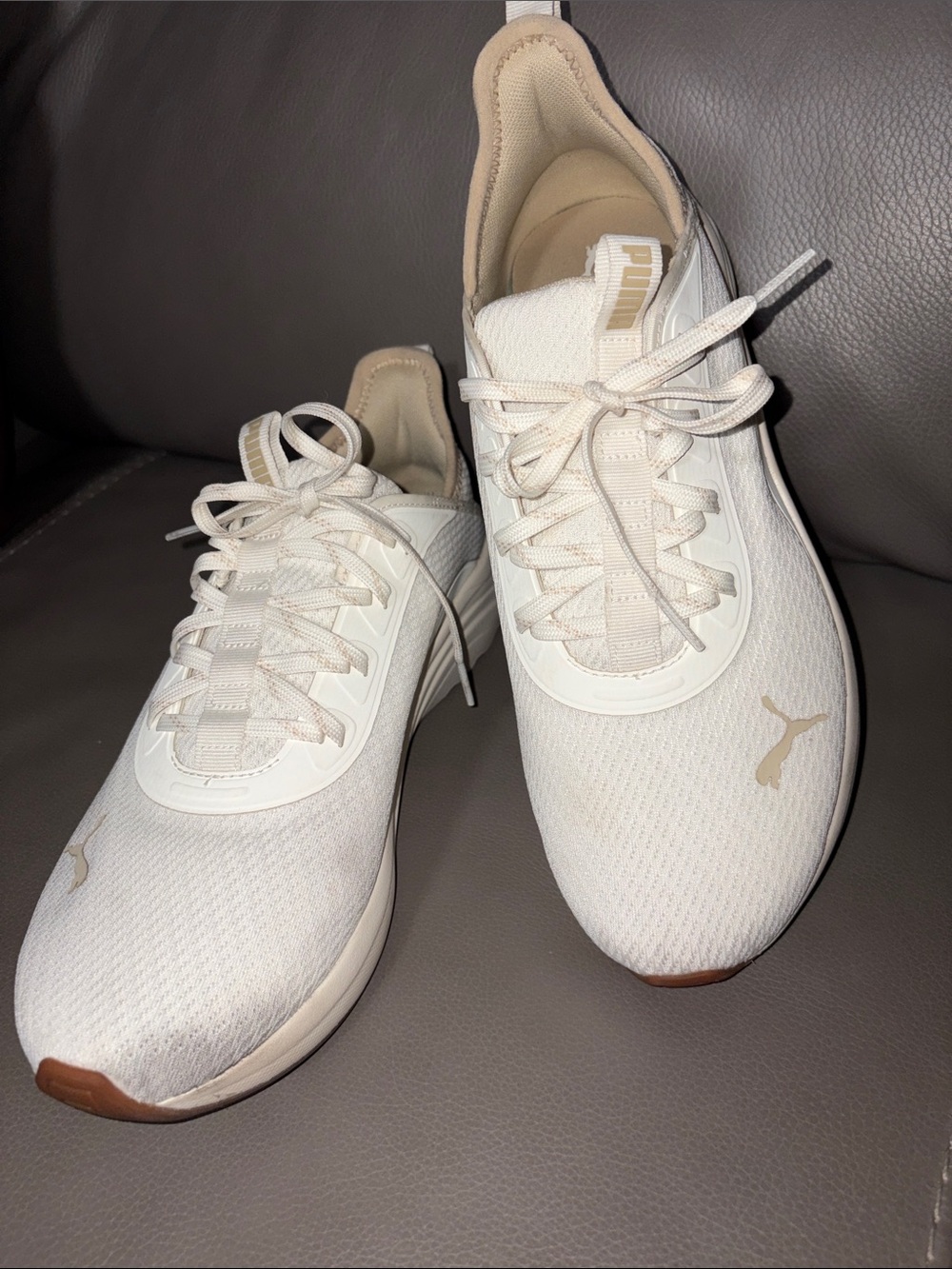 Puma Neutral White Athletic Sneakers with Gold Logo